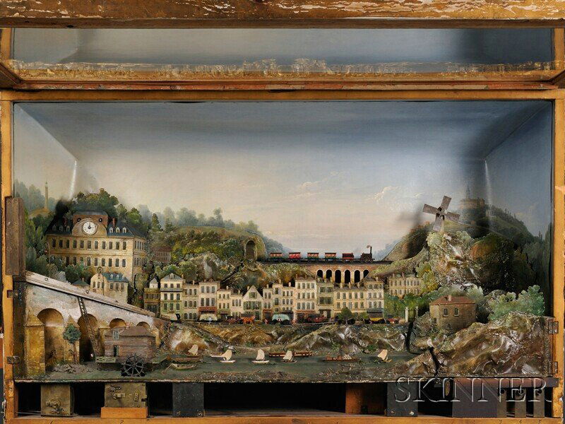 Tableau Automaton of a French Village, 19th/early: Tableau Automaton of a French Village, 19th/early 20th century, the lower scene depicting a double track canal with models of paddleboats, sailboats, cargo ships, and a water mill, above the molded ro