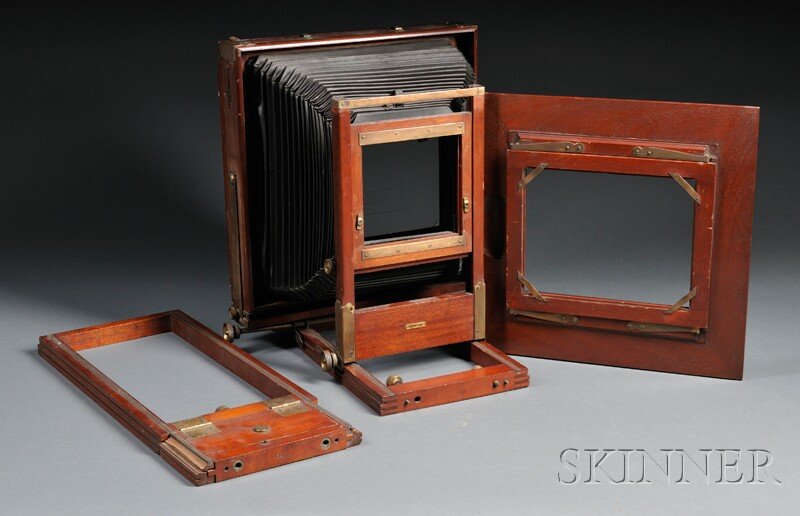 Century 11 x 14 View Camera, Rochester, New York,: Century 11 x 14 View Camera, Rochester, New York, mahogany body, cherry base, reversible spring back, 8 x 10 reducing back, front rise and fall, rear swing and tilt, geared focus on both standards, wi