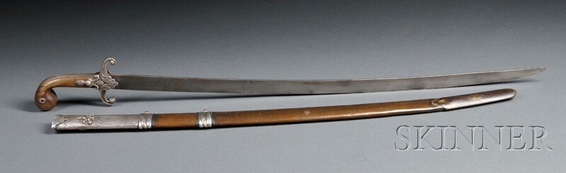 Turkish Ottoman Long Sword, 32 3/4-in. hand-forged: Turkish Ottoman Long Sword, 32 3/4-in. hand-forged single-edged wootz blade with gilt incised emblem, engraved silver fittings and cross-guard, riveted rhino horn grip, scabbard with silver locket hav