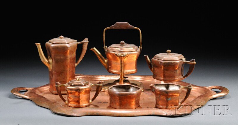 , Tiffany Studios Seven-piece Tea/Coffee Service, C: Tiffany Studios Seven-piece Tea/Coffee Service Copper, metal, and wood New York, early 20th century Comprised of a kettle on stand, coffeepot, teapot, creamer, covered sugar, open waste bowl, and a tw