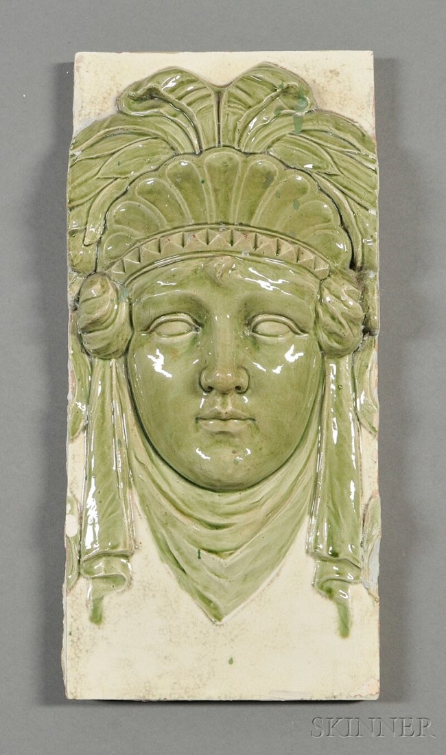 , Zsolnay Architectural Portrait Tile, Art pottery: Zsolnay Architectural Portrait Tile Art pottery Hungary, c. 1885 Majolica glaze pyrogranite tile depicting a female with head dress in relief in celery green and cream-colored glazes, impressed form n