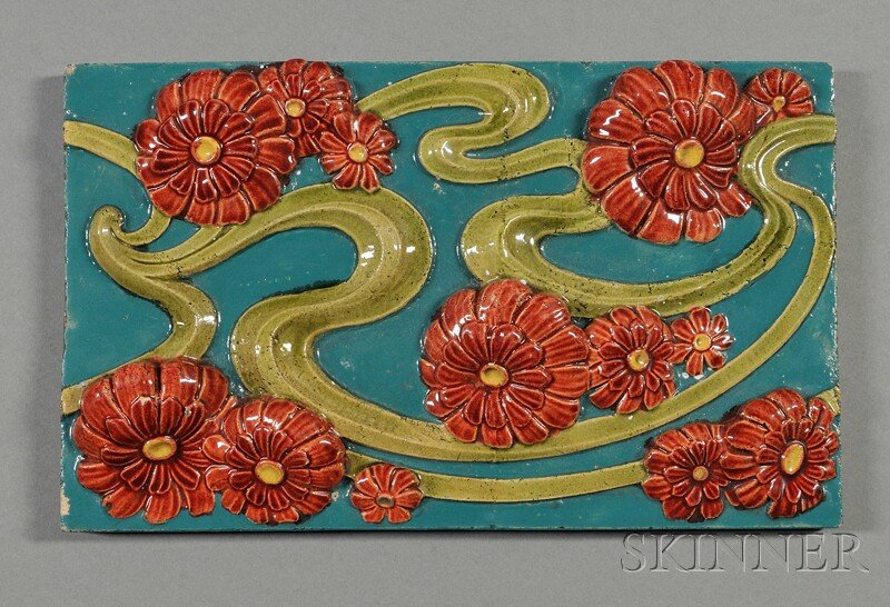 , Zsolnay Architectural Tile, Art pottery, Majolic: Zsolnay Architectural Tile Art pottery Hungary, designed by Janos Buch, c. 1911 Majolica glaze pyrogranite technique in an Art Nouveau floral design in green and rose glaze colors, impressed steeple m