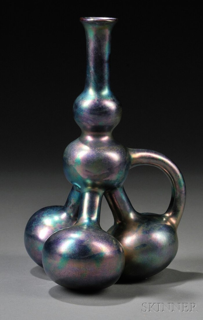 , Zsolnay Labrador Glaze Vessel, Art pottery, Insp: Zsolnay Labrador Glaze Vessel Art pottery Design by Tade Sikorski, Hungary, c. 1900 Inspired by Peruvian pre-Columbian forms, dotted circle maker's mark, impressed 6155, ht. 8 in.