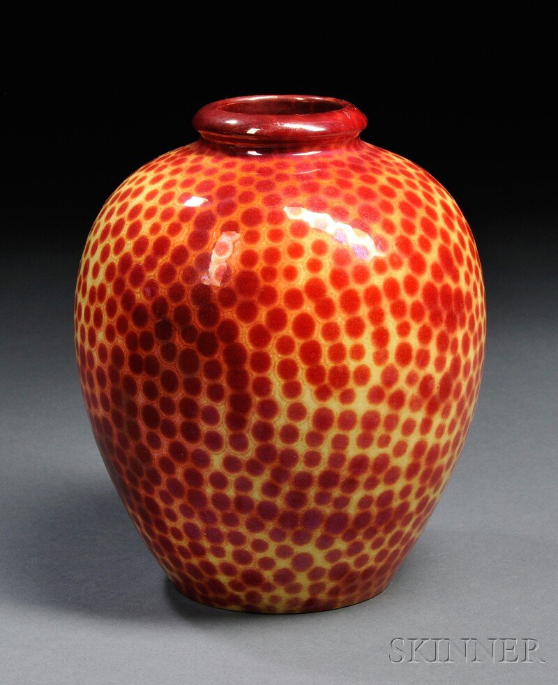 , Art Nouveau Zsolnay Vase, Art pottery, Yellow gr: Art Nouveau Zsolnay Vase Art pottery Hungary, c. 1910 Yellow ground with red flambe on vasiform body, round raised maker's mark, impressed 8385, ht. 7 1/4 in.