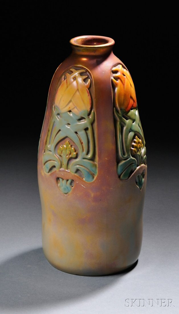 , Zsolnay Art Nouveau Vase, Art pottery, Intertwin: Zsolnay Art Nouveau Vase Art pottery Hungary, c. 1906 Intertwined lotus decoration, round raised factory mark, impressed 7926, minor rim repair, ht. 10 in.