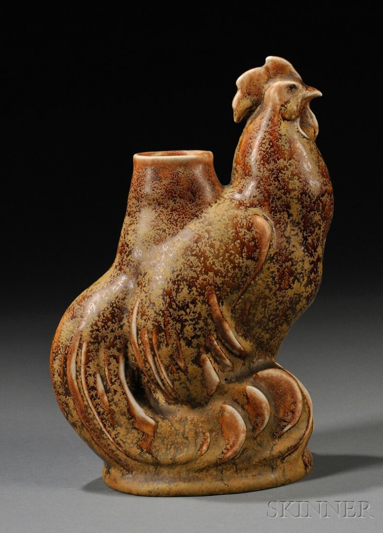 , Zsolnay Figural Rooster Vase, Art pottery, Brown: Zsolnay Figural Rooster Vase Art pottery Design by Sandor Apati Abt, Hungary, c. 1906 Brown crystalline glaze, round raised maker's mark, impressed 7998, ht. 8 1/2 in.