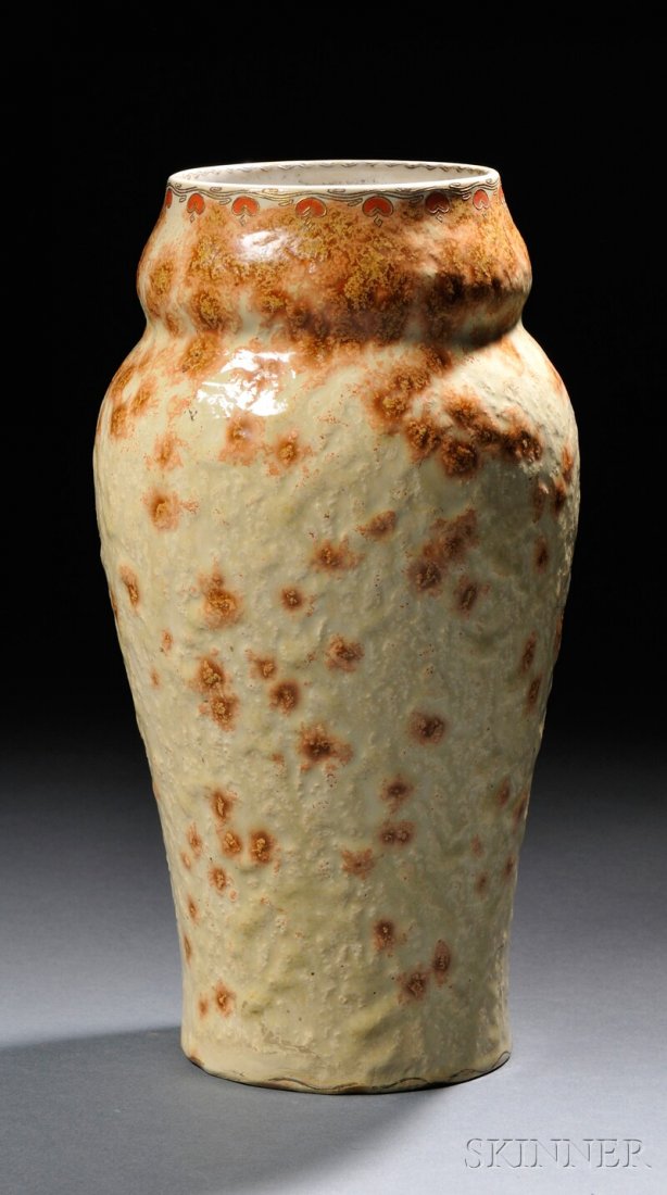, Zsolnay Volcanic Glaze Vase, Art pottery, Finely: Zsolnay Volcanic Glaze Vase Art pottery Hungary, c. 1902 Finely decorated rim on volcanic glaze body with crystalline formations, round raised mark, repairs, ht. 10 in.