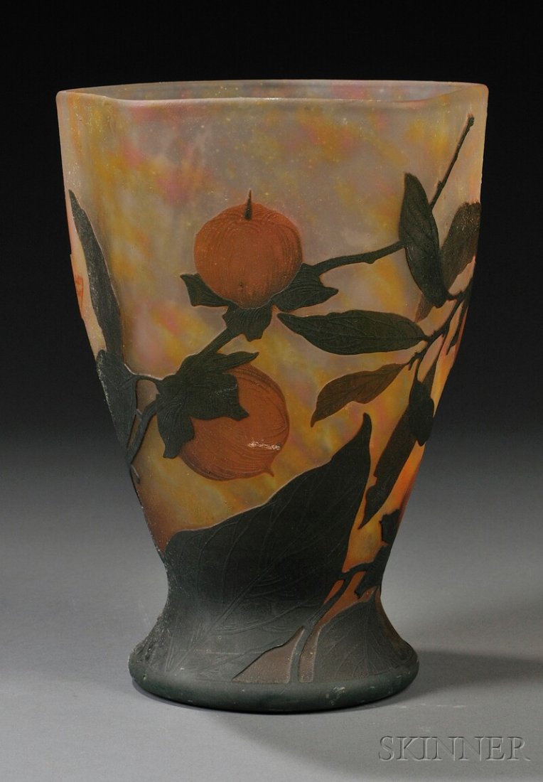 , Daum Cameo Glass Vase, Art glass, Cameo decorate: Daum Cameo Glass Vase Art glass Nancy, France, 20th century Cameo decorated with orange fruit on mottled ground, signed Daum Nancy with Cross of Lorraine, ht. 7 7/8 in.