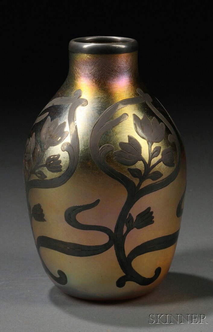 , Quezal Metal Overlay Vase, Art Glass, Gold iride: Quezal Metal Overlay Vase Art Glass New York, early 20th century Gold iridescent body with silver overlay of flowers and leaves, polished pontil etched Quezal mark, ht. 5 1/8 in.