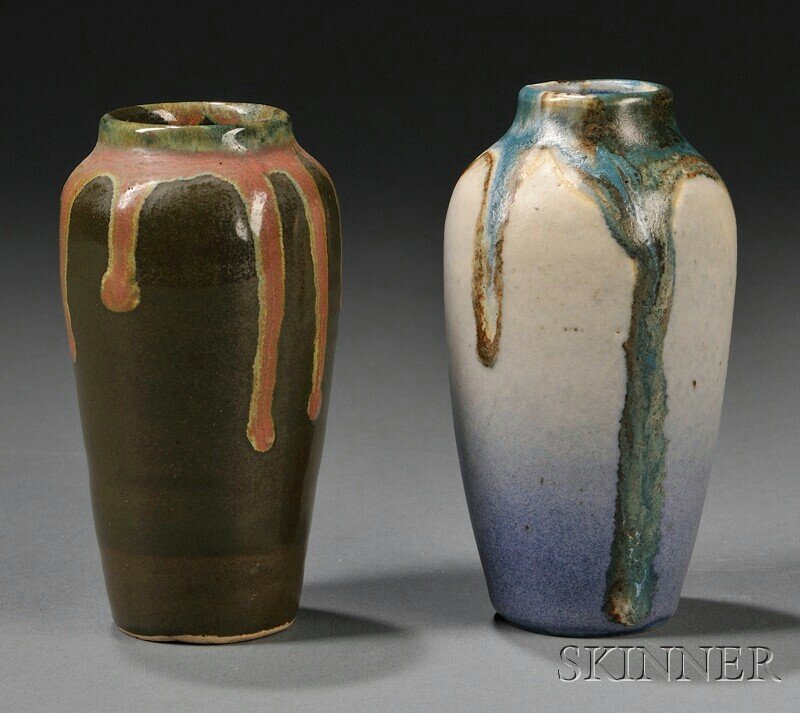 , Leon Pointu (1879-1942) Two Stoneware Vases, Art: Leon Pointu (1879-1942) Two Stoneware Vases Art pottery France, c. 1925 Vasiform, one in moss green with brick red glaze from shoulder, marked #9; the other with a shaded periwinkle body with cerulean
