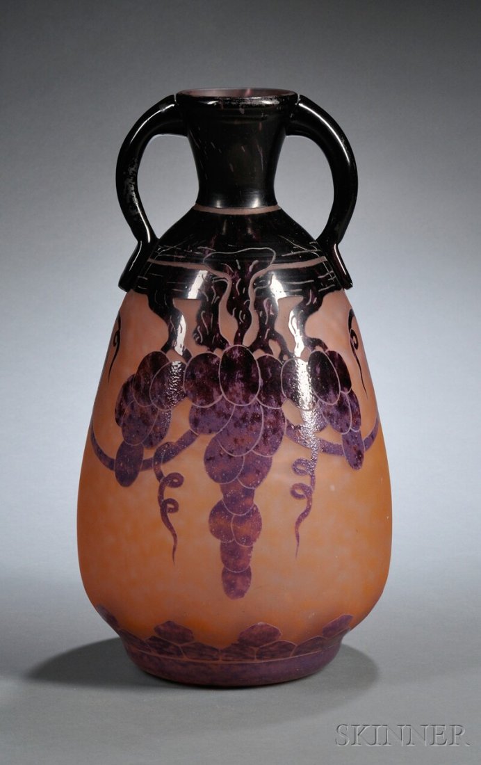 , Le Verre Francais Cameo Glass Vase, Art glass, D: Le Verre Francais Cameo Glass Vase Art glass Designed by Charles Schneider, France, c. 1922-25 Double handles joined from neck to shoulder, the body cameo etched in the Raisin Violet or De'Cor Glycine