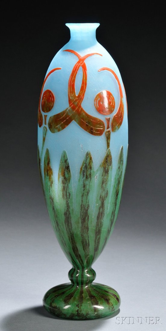 , Le Verre Francais Libellules Cameo Glass Vase, A: Le Verre Francais Libellules Cameo Glass Vase Art glass Designed by Charles Schneider, France, c. 1921-1923 Cameo decorated with stylized dragonflies (libellules) in red-orange flying amidst green aqu