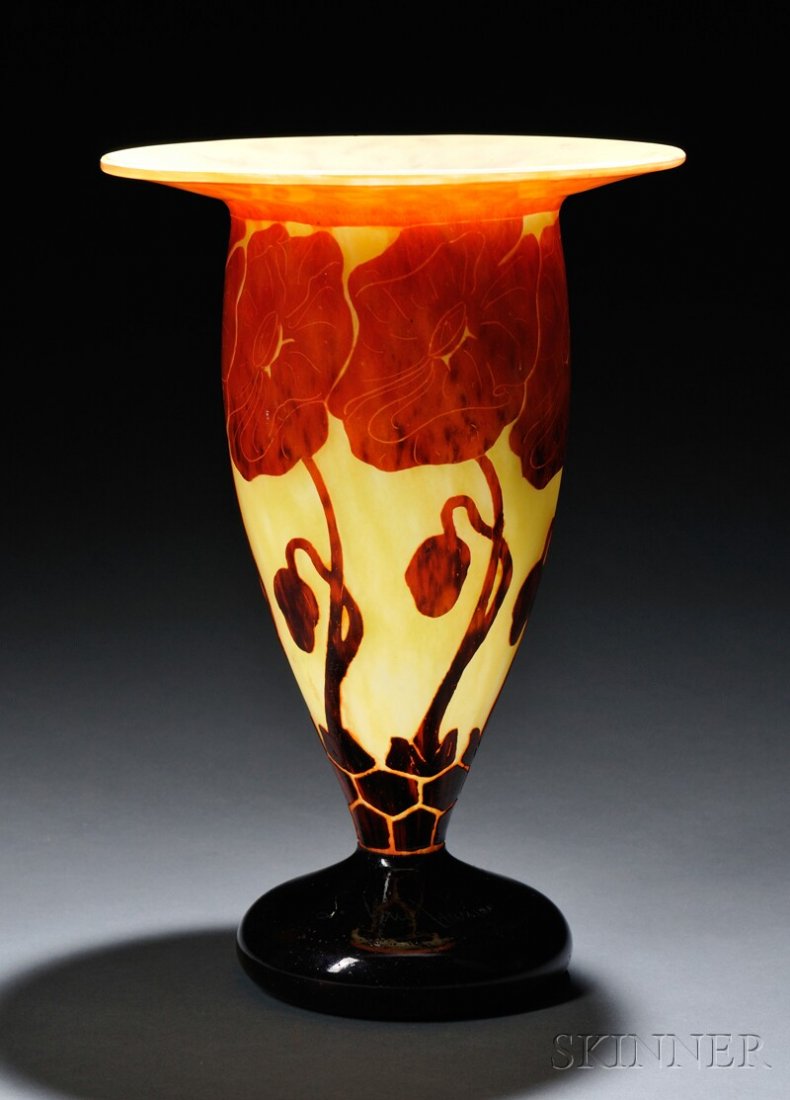 , Le Verre Francais Pavots Vase, Art glass, Flared: Le Verre Francais Pavots Vase Art glass Designed by Charles Schneider, France, c. 1923-26 Flared rim on tapering form cameo etched with a surround of red flowers and buds, dark red-brown cushion foot 
