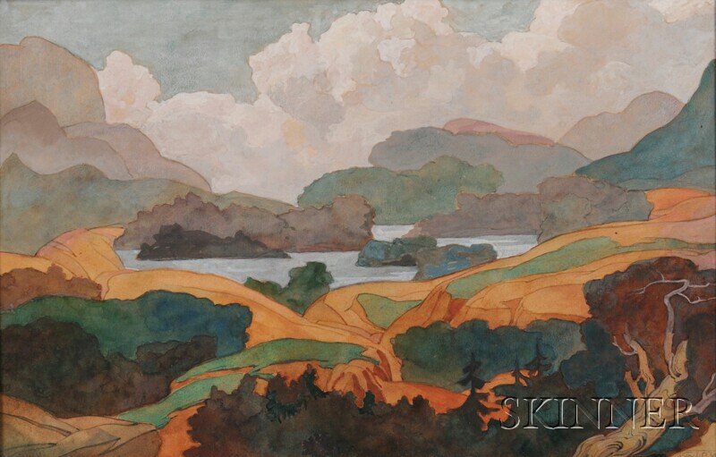 Continental School, 20th Century, Landscape by a L: Continental School, 20th Century Landscape by a Lake Inscribed "Carl Moser" in pencil l.r. Watercolor and graphite, 13 1/2 x 21 in., framed. Condition: Signature reinforced.