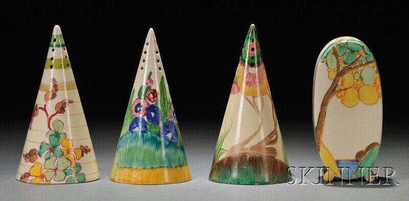 , Four Clarice Cliff Bizarre Ware Sugar Shakers, A: Four Clarice Cliff Bizarre Ware Sugar Shakers Art pottery Staffordshire, England, c. 1933-37 Three of conical form: one Aurea pattern in green with flowers in orange and pink on sinuous stems, one Fra