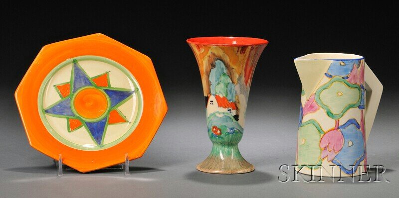 , Three Clarice Cliff Bizarre Ware Items, Art pott: Three Clarice Cliff Bizarre Ware Items Art pottery Staffordshire, England, c. 1930-1937 A small octagonal plate in original Bizarre pattern with central geometric star in blue, green and orange with o