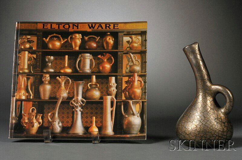 , Elton Ware Vase, Art pottery, Bottle form with c: Elton Ware Vase Art pottery Sir Edmund Elton, England, c. 1900 Bottle form with curved neck above a bulbous body with single handle, in a gold and silver crackle lustre glaze over a hunter green groun