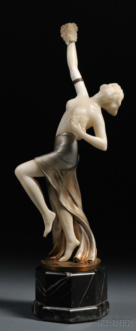 Continental School, 20th Century, Art Deco Sculptu: Continental School, 20th Century Art Deco Sculpture of a Bacchante Signed "Blacz" on the base. Carved alabaster and bronze, 15 x 5 1/2 x 2 1/2 in., mounted to a marble plinth. Condition: Left arm with