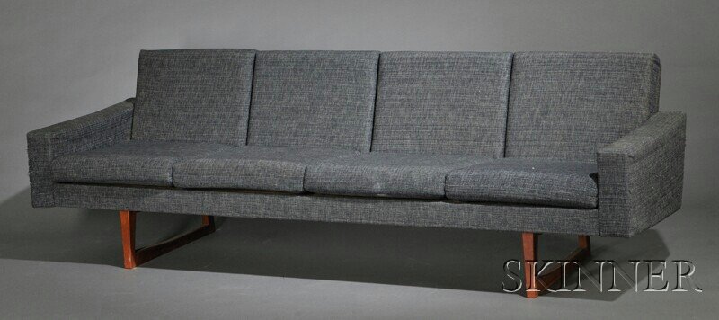 , Mid-Century Modern Sofa, Upholstery, teak, Recta: Mid-Century Modern Sofa Upholstery, teak Rectangular form with four each of square back and seat cushions covered in charcoal gray tweed fabric, on two continuous teak feet with tapered front leg, sha