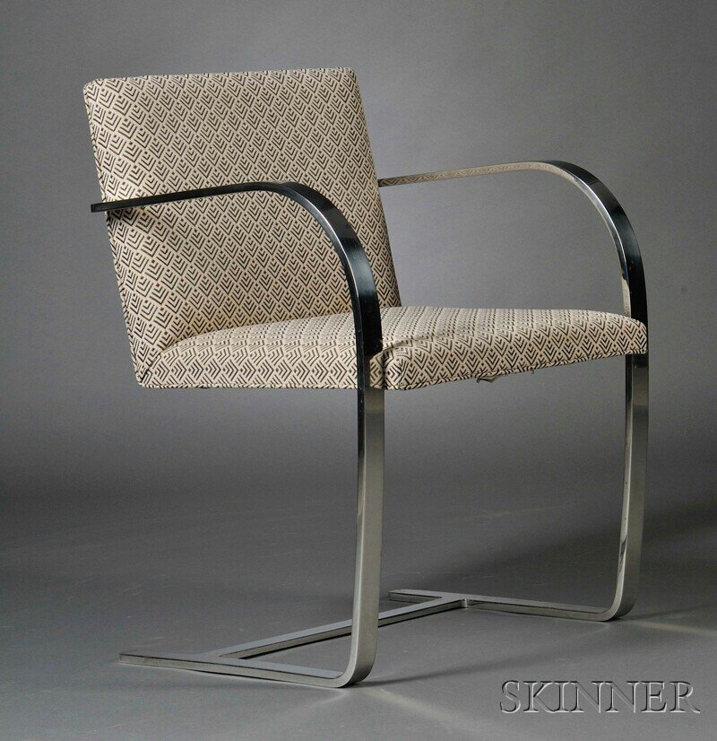 , Mies van der Rohe BRNO Lounge Chair, , Chromed s: Mies van der Rohe BRNO Lounge Chair Knoll International, New York, design 1930 Chromed steel cantilevered frame supporting a seat upholstered in a geometric pattern fabric, ht. 31 in.