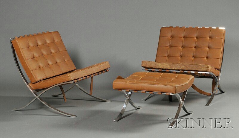 , Pair of Mies van der Rohe Barcelona Chairs and O: Pair of Mies van der Rohe Barcelona Chairs and Ottoman Leather and stainless steel Knoll Associates, Inc., New York, c. 1960s Tan leather seat cushions and strap supports on stainless steel X-form bas