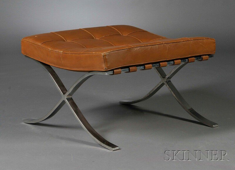 , Mies van der Rohe Barcelona Ottoman for Knoll, ,: Mies van der Rohe Barcelona Ottoman for Knoll Design c. 1930 Tan leather upholstered tufted cushion on leather straps supported by a stainless steel X-form base, bearing Knoll Associates sticker and c