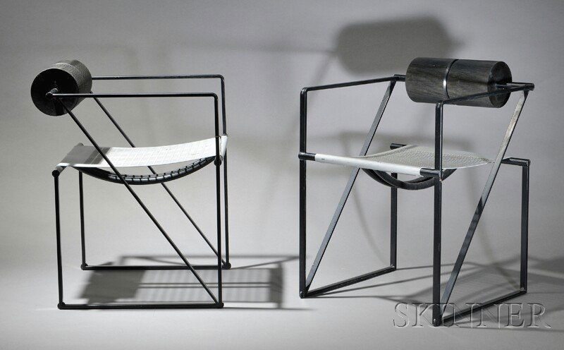 , Pair of Mario Botta Seconda 602 Chairs, Black en: Pair of Mario Botta Seconda 602 Chairs Black enameled steel Alias, Italy, c. 1980 Rectilinear frame with two cylindrical polyurethane backrest cushions, ht. 28 in.