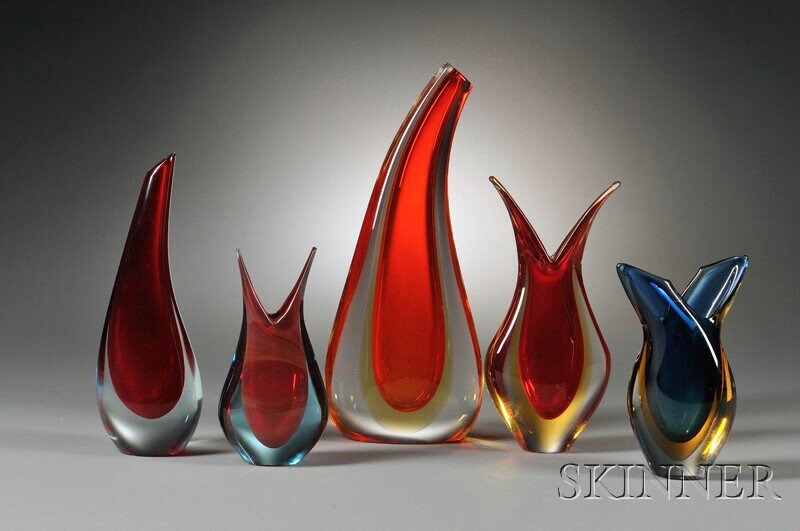 , Five Sommerso Vases in the Manner of Flavio Poli: Five Sommerso Vases in the Manner of Flavio Poli for Seguso Vetri d'Art Art Glass Italy, mid-20th century The first teardrop form with narrow, curving neck with internal layers of red and yellow cased