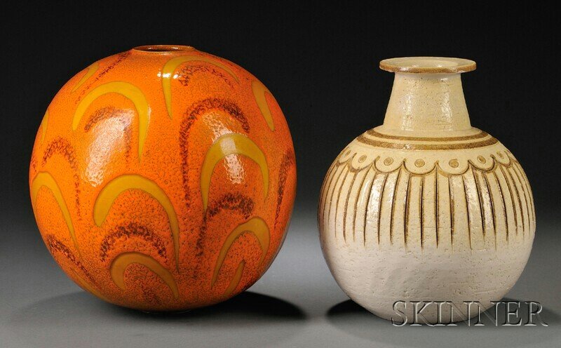 , Two Pottery Vessels, Art pottery, One of spheric: Two Pottery Vessels Art pottery Italy, mid-20th century One of spherical form with abstract motif in glossy yellow, red, and mottled orange glaze, old Handmade in Italy sticker on base, the other of s