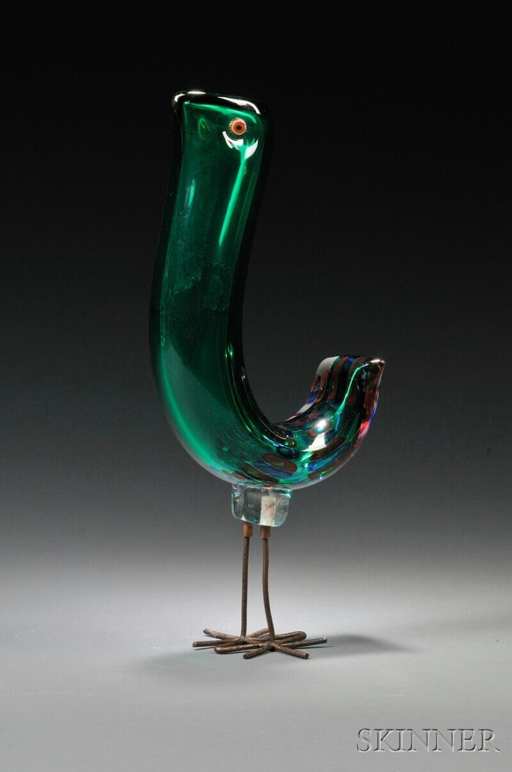 , Alessandro Pianon "Pulcino" Bird Sculpture for V: Alessandro Pianon "Pulcino" Bird Sculpture for Vistosi Art glass, copper Murano, Italy, c. 1962 Teal green tube form with red and blue murrine, and applied glass eyes, standing on patinated copper leg