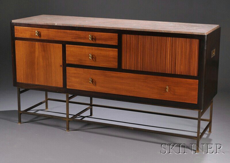, Edward Wormley for Dunbar Sideboard, Mahogany, b: Edward Wormley for Dunbar Sideboard Mahogany, brass Model 5465 ,Berne, Indiana, from the Hemisphere Collection, design c. 1957 Rectangular pink/gray marble top over two long and one short drawers with