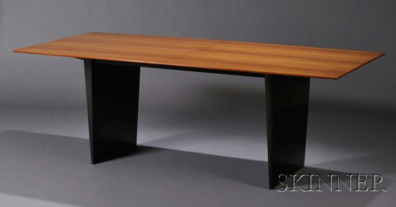 , Edward Wormley for Dunbar Extension Dining Table: Edward Wormley for Dunbar Extension Dining Table Tawi wood and mahogany Model 5461, Berne, Indiana, design date, c. 1957 Tawi wood top tapering at each end over tapering mahogany plinths with polished