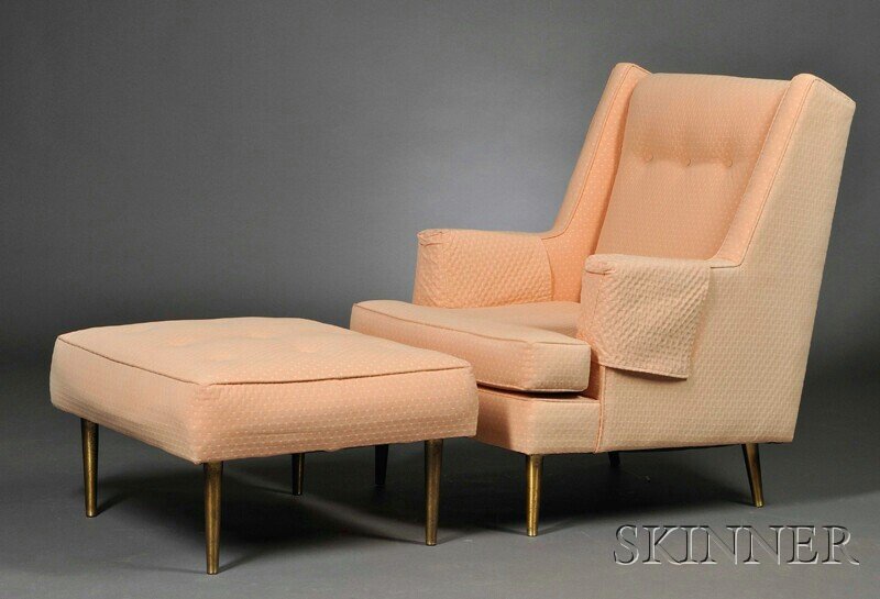 , Edward Wormley for Dunbar Lounge Chair and Ottom: Edward Wormley for Dunbar Lounge Chair and Ottoman Upholstery and brass Berne, Indiana, mid-20th century The chair with high tufted back and angular arm panels on tapered brushed brass legs; the recta