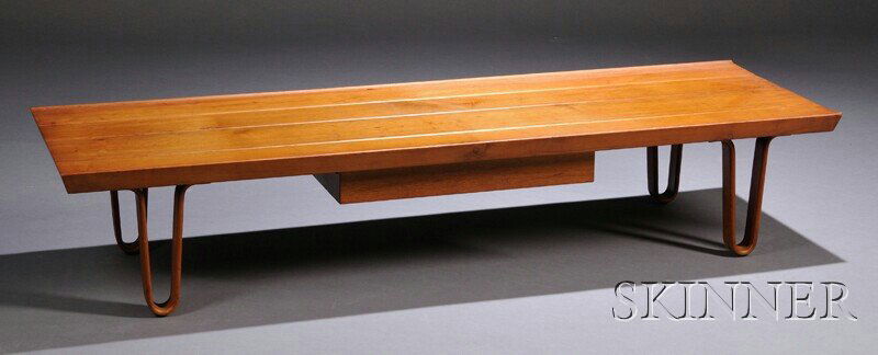 , Edward Wormley for Dunbar Long John Coffee Table: Edward Wormley for Dunbar Long John Coffee Table Walnut and metal Berne, Indiana, design no. 4699, c. 1950s Solid walnut, grooved plank top with single drawer set on four bent and laminated hairpin le