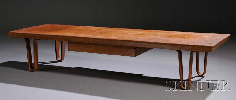 , Edward Wormley for Dunbar Long John Table, Walnu: Edward Wormley for Dunbar Long John Table Walnut and metal Model 4699, Berne, Indiana, c. 1957 Solid walnut, grooved plank top with single drawer set on four bent and laminated hairpin legs, interior 