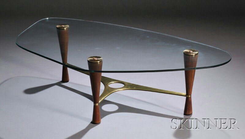 , Edward Wormley (1907-1995) for Dunbar Coffee Tab: Edward Wormley (1907-1995) for Dunbar Coffee Table Rosewood, brass, glass Model no. 5309, Berne, Indiana, design 1953 Asymmetrical rounded beveled top on three conoid legs joined by a curvilinear bras
