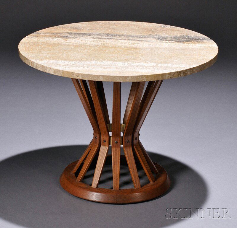 , Edward Wormley for Dunbar Sheaf of Wheat Table,: Edward Wormley for Dunbar Sheaf of Wheat Table Travertine and walnut Mid-20th century Circular travertine top over openwork walnut pedestal base with circular foot, bearing manufacturer's paper order