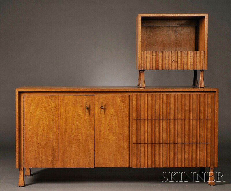 , John Widdicomb Double Bureau and Bedside Table,: John Widdicomb Double Bureau and Bedside Table Walnut, walnut veneer Grand Rapids, Michigan, mid-20th century The dresser fitted with three exterior drawers and a two-door cabinet opening to three int