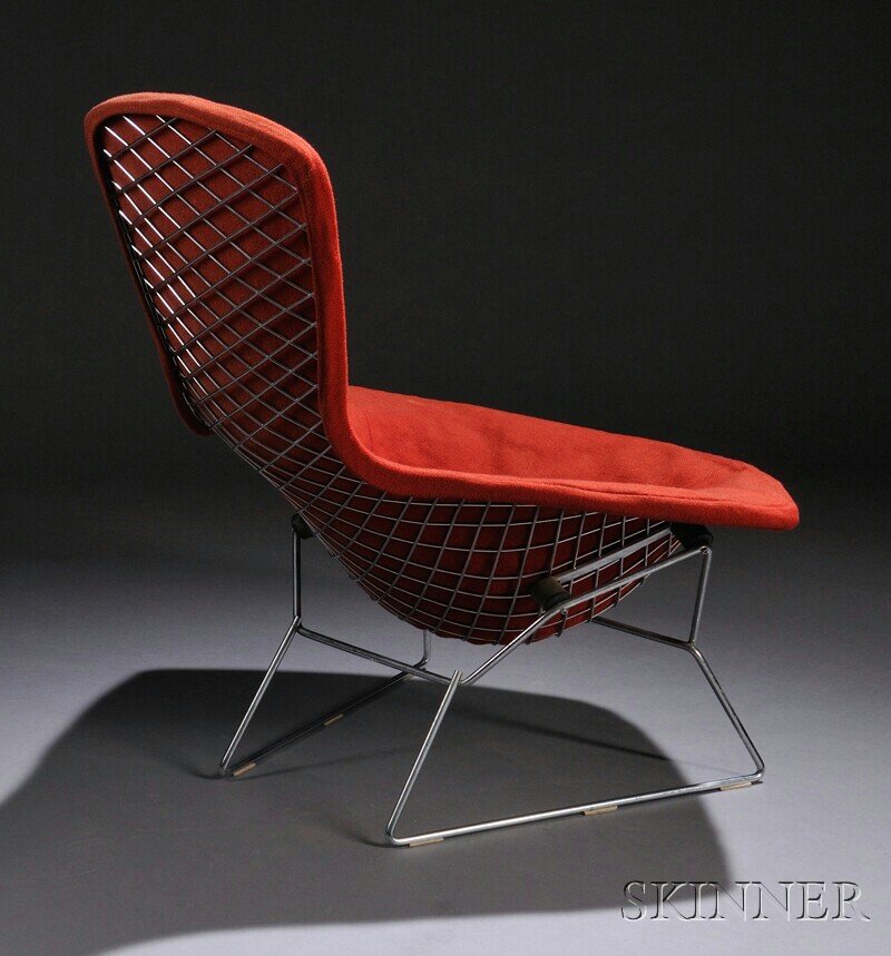 , Harry Bertoia (1915-1978) Bird Chair, Metal and: Harry Bertoia (1915-1978) Bird Chair Metal and fabric Knoll International, New York Chrome wire frame with original red wool cover, bearing manufacturer's label, ht. 38 1/2 in.