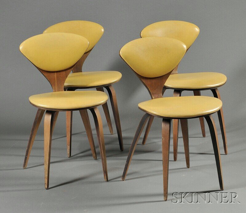 , Four Norman Cherner for Plycraft Chairs, Laminat: Four Norman Cherner for Plycraft Chairs Laminated wood and upholstery Mid-20th century Yellow back and seat cushions raised on four curved and tapered legs with Plycraft label, some wear to wood on fe