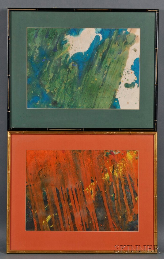 Taro Yamamoto (Japanese/American, 1919-1994), Two: Taro Yamamoto (Japanese/American, 1919-1994) Two Works: Abstract [Green/Blue] and Abstract [Red] Signed and dated "Taro Yamamoto 1959" in pen l.r. and c.l., respectively. Oil on pa