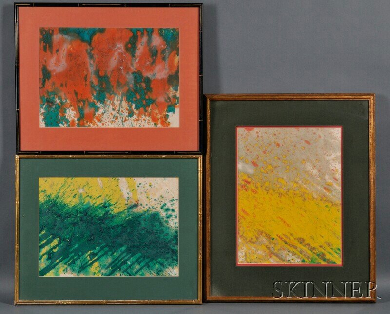 Taro Yamamoto (Japanese/American, 1919-1994), Thre: Taro Yamamoto (Japanese/American, 1919-1994) Three Works: Abstract [Red], Abstract [Yellow], Abstract [Green] Signed and dated "Taro Yamamoto 1959" in pen l.l., c.l., and l.l. respectively. Oil on pap
