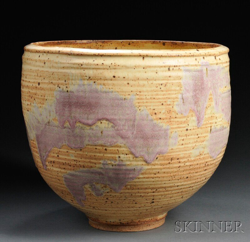 , Large Otto Heino Stoneware Bowl, Studio pottery,: Large Otto Heino Stoneware Bowl Studio pottery California, 21st century In overall semi-matte cream and brown sand speckled glaze with lavender, mauve and gray accents to exterior, incised Otto + 01 o