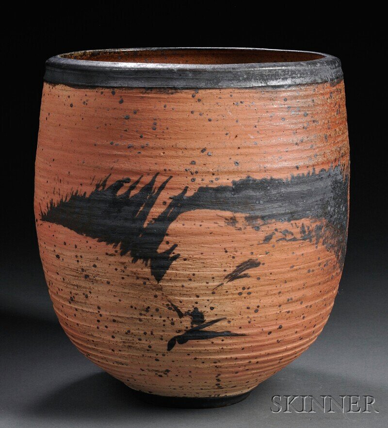 , Large Vivika & Otto Heino Wood-fired Stoneware B: Large Vivika & Otto Heino Wood-fired Stoneware Bowl Studio pottery California, late 20th century Slightly bulbous body over tapered base in speckled matte orange/salmon glaze with brown slip accents, 