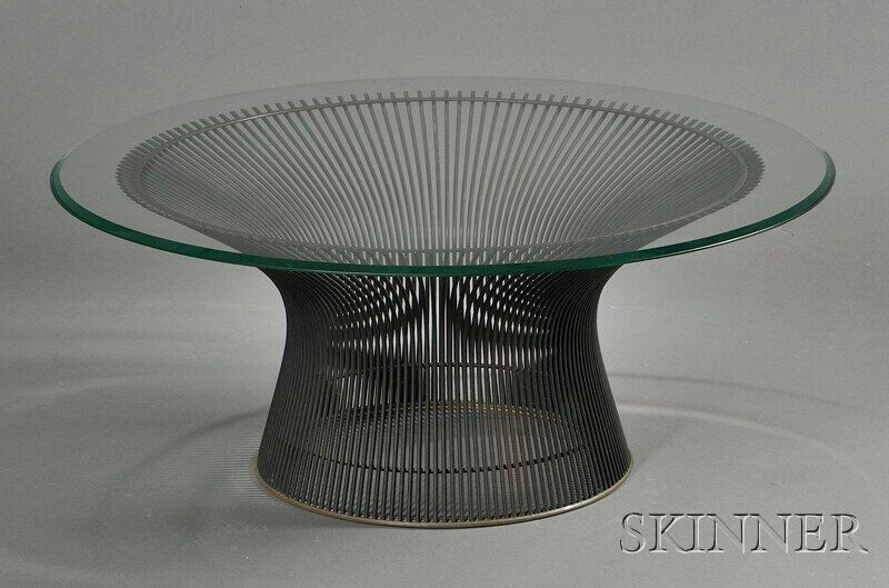 , Warren Platner for Knoll Low Table, , Circular g: Warren Platner for Knoll Low Table United States, 1960s Circular glass top with beveled edge on a bronze-plated steel rod pedestal frame, nicks to rim, with additional glass, glass thickness 3/8 in.,