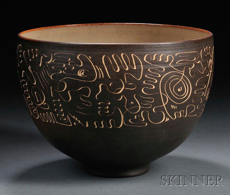 , Edwin and Mary Scheier Bowl, Art pottery, Deep b: Edwin and Mary Scheier Bowl Art pottery New Hampshire, Mid-20th century Deep bowl tapering to a small recessed foot, the interior in a glossy latte glaze, the exterior of semi-matte chocolate brown gl