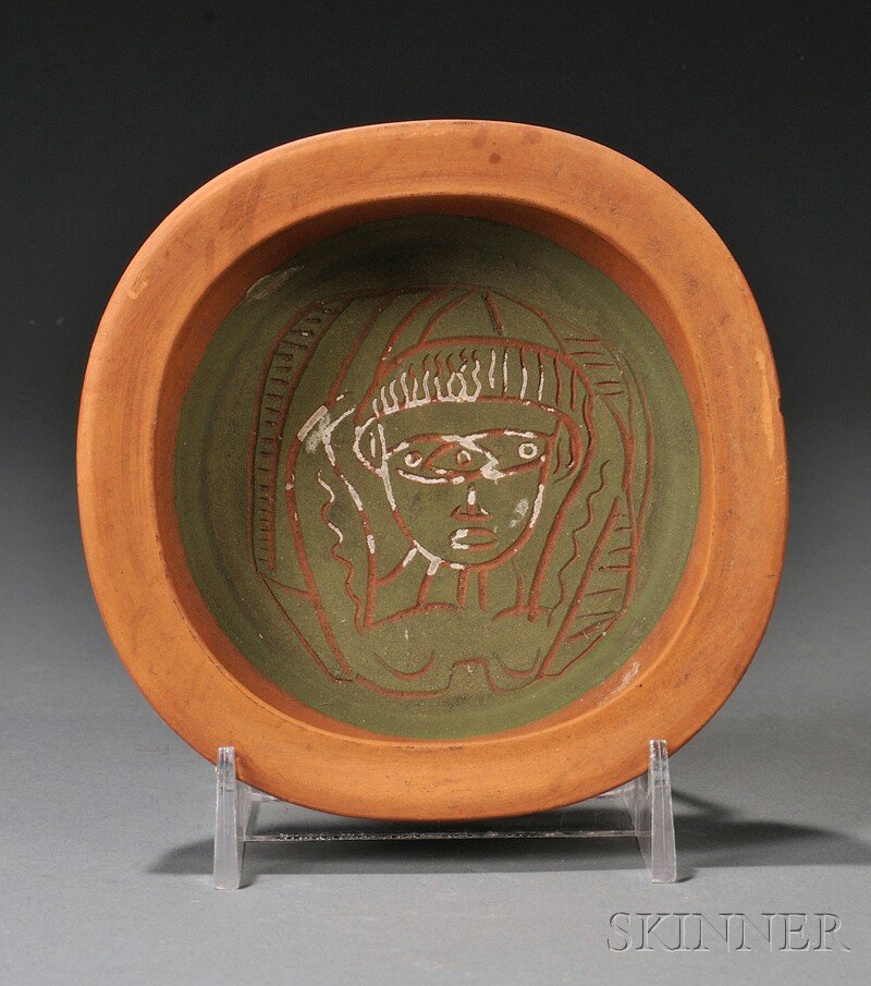 , Edwin and Mary Scheier Small Sgraffito-decorated: Edwin and Mary Scheier Small Sgraffito-decorated Dish Art pottery Mid 20th century The slightly square form with raised rim and lip over a circular base, unglazed body, the interior with a matte moss