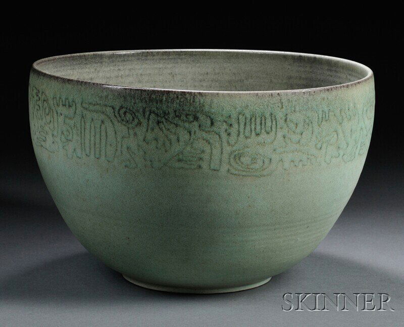 , Large Edwin and Mary Scheier Bowl, Art pottery,: Large Edwin and Mary Scheier Bowl Art pottery New Hampshire, mid-20th century Deep circular bowl with sgraffito band of abstract figures below rim, the exterior in a semi-matte moss green glaze, the i