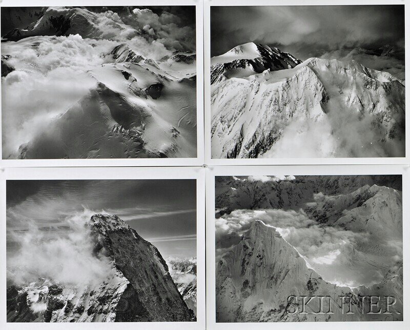 Bradford Washburn (American, 1910-2007), Four Moun: Bradford Washburn (American, 1910-2007) Four Mountain Views: Mt. Huntington, looking south west at twilight, 1964., Single Peak, Snowy Ridge and Cloudy Sky, Clouds on Mountains