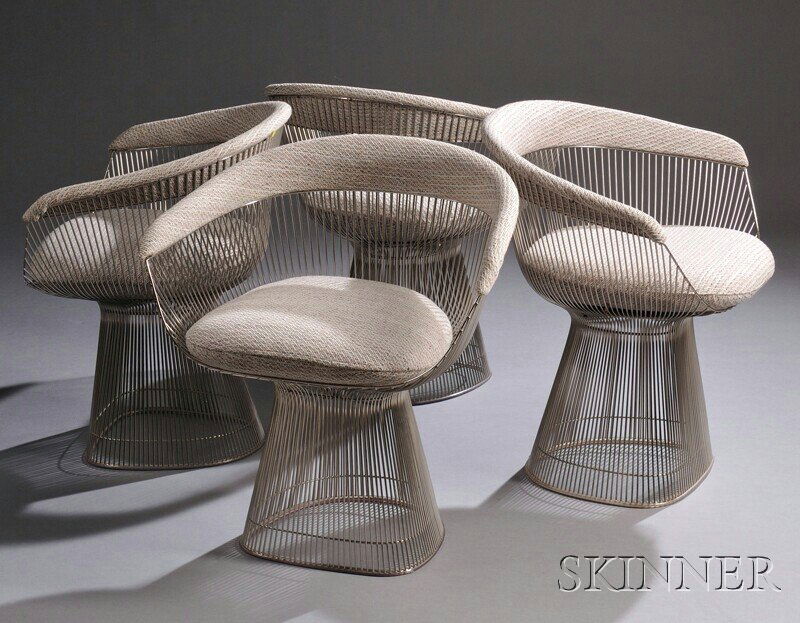 , Set of Four Warren Platner Armchairs, Wire rod a: Set of Four Warren Platner Armchairs Wire rod and upholstery Knoll International, design introduced 1966 Nickel-plated wire rod frame with basket seat and pedestal base, the crest rail and seat cushio